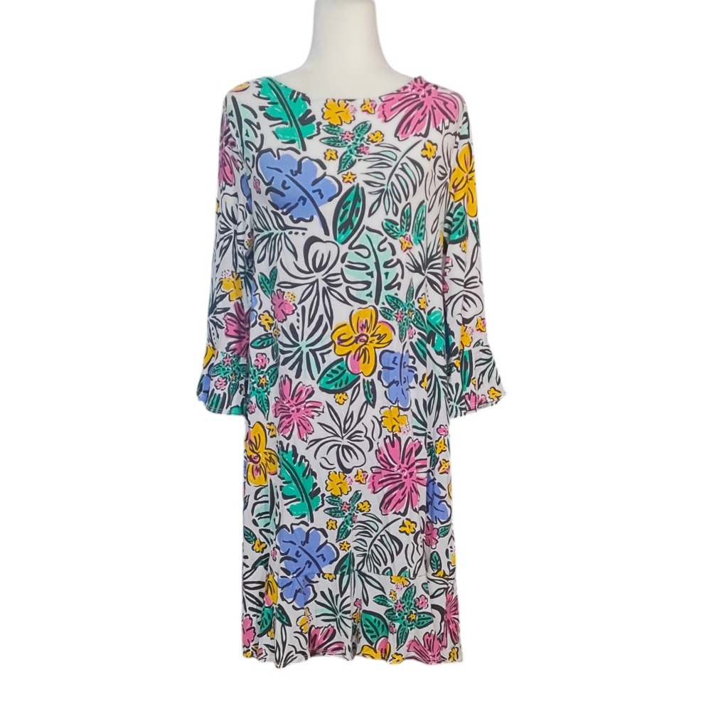 Fresh Produce Sketched Floral Midi Dress Multi Color Bell Sleeve Vacation Medium
